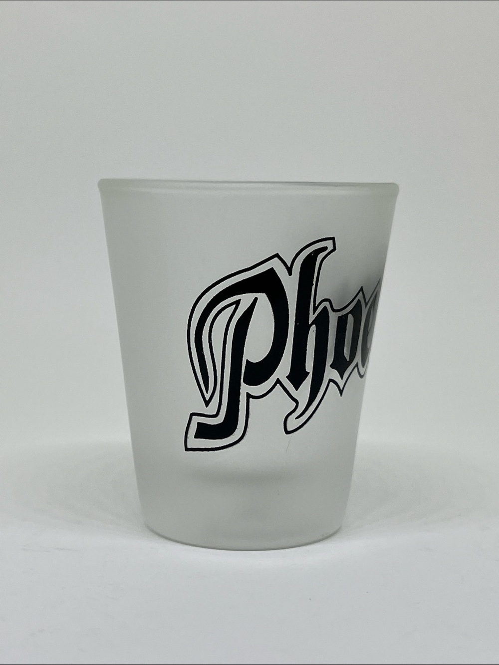 Frosted White Glass Tumbler with Black Script Phoenix Logo - Picture 2 of 3
